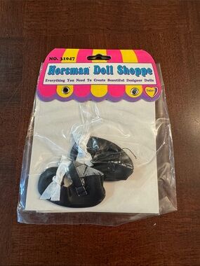 Horsman Doll Shoppe Black Doll Shoes with White Bows Dress Up Clothing